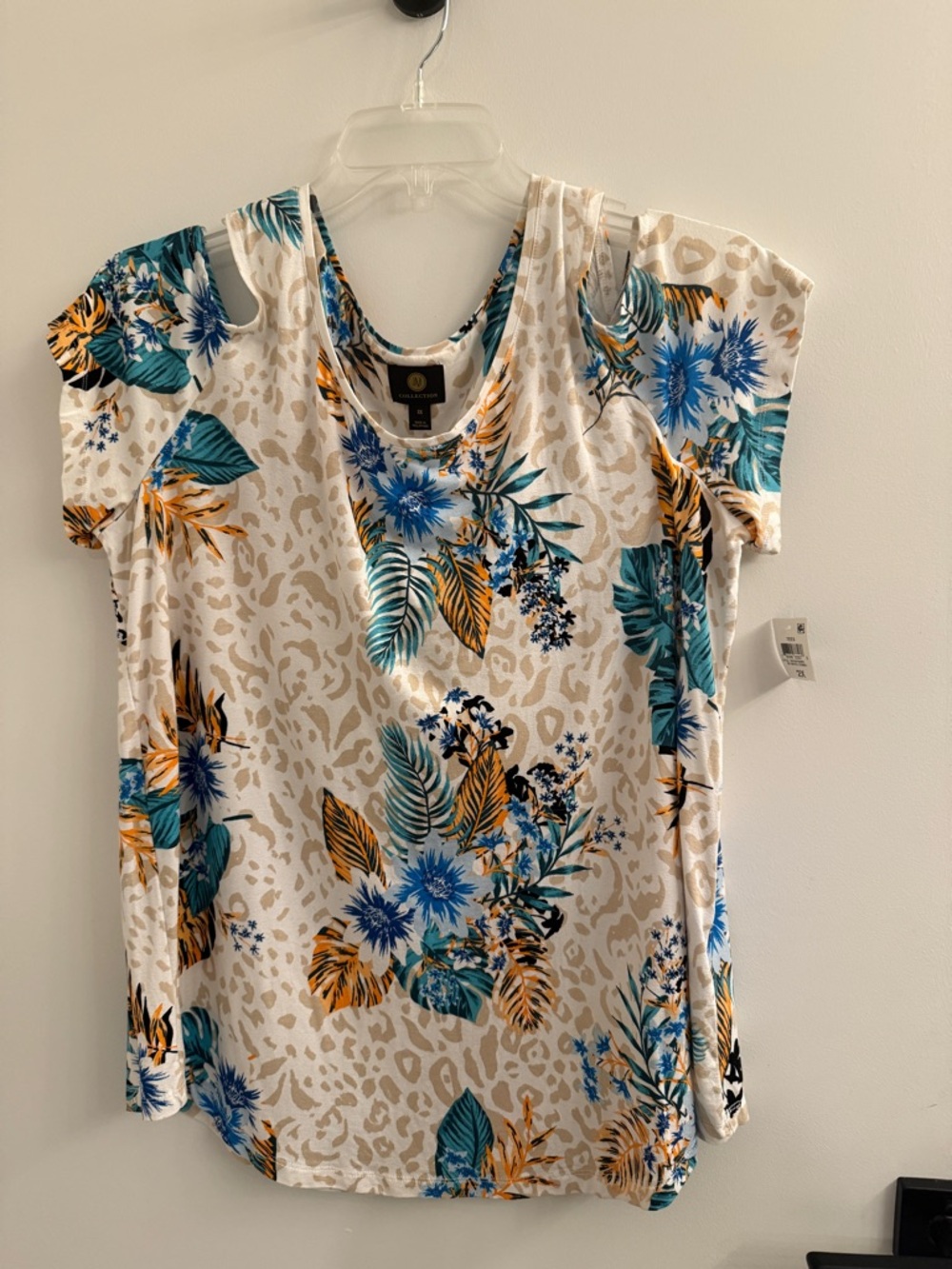 JM Collection White Floral Cold-Shoulder Tee with Teal and Mustard Accents
